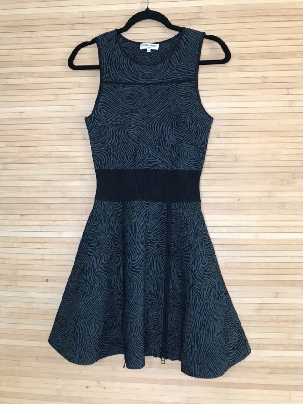 Opening Ceremony XS Swirl Around Zip Dress Green Black Fit Flare Sleeveless